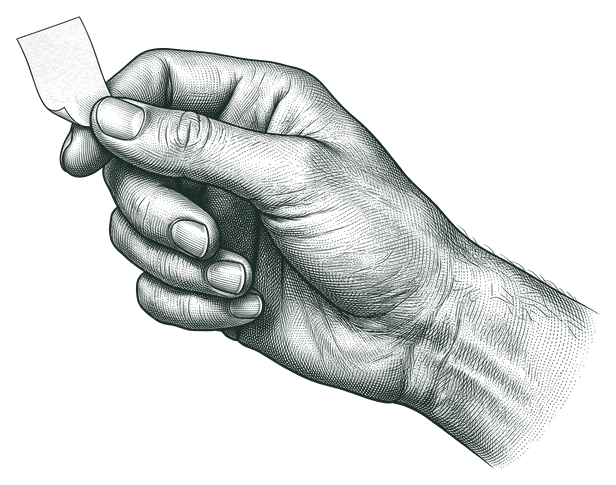 Etched lithographic illustration of thumb and index finger pinching a pull tab