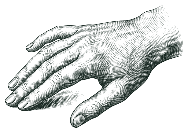 Etched lithographic illustration of index and middle fingers extended gliding across a manuscript plane
